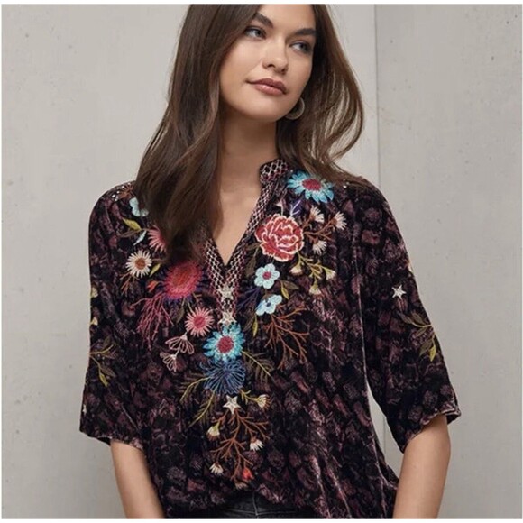 Johnny Was Silk Blend Ulla Velvet Easy V-neck Gypsy Boho Resort Purple Top XXS - Picture 5 of 12